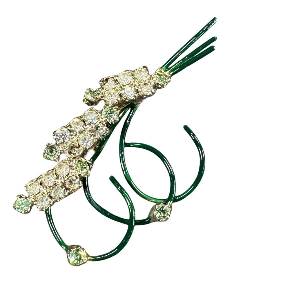 Vintage Green Enamel Brooch with Light Green and Clear Rhinestones